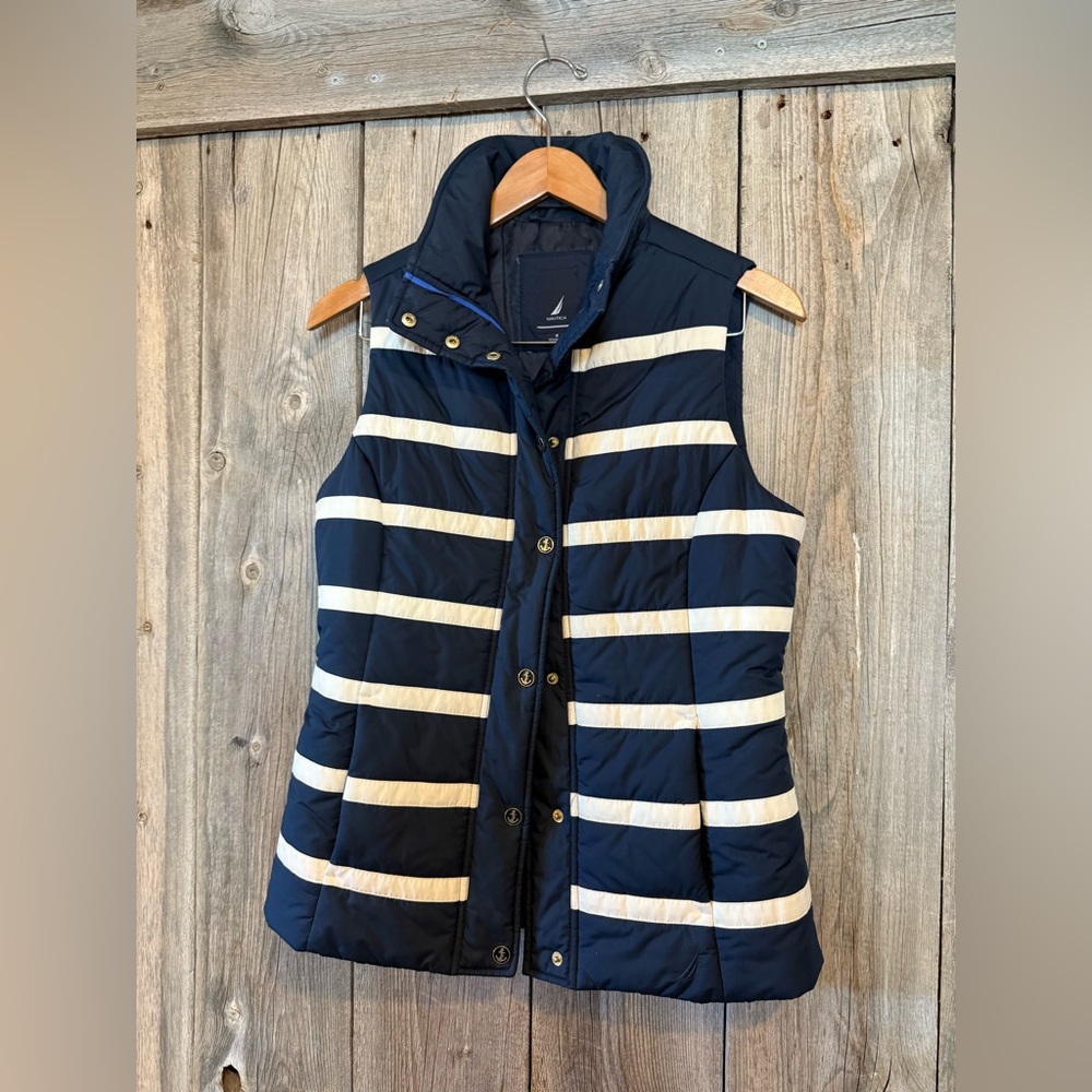 Nautica Women's Navy and Cream Striped Vest size Small